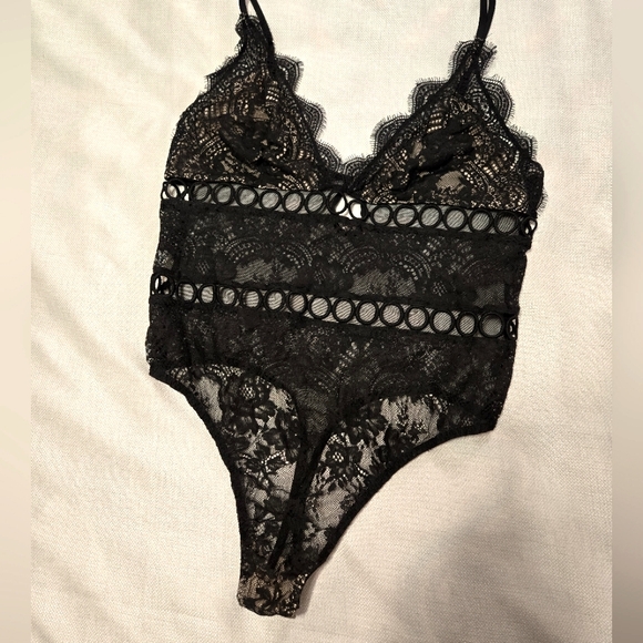 Victoria's Secret Other - VICTORIA'S SECRET Black Nude Lace and Circle Trim Bodysuit Size Large